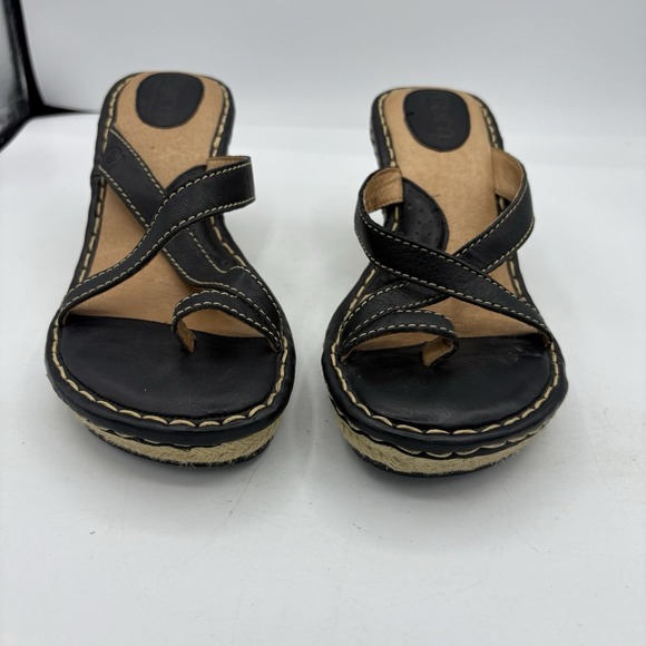 Born Sandals Womens Size 8 Black Leather Espadrille Wedge Heel Mule Toe Loop - Picture 6 of 12